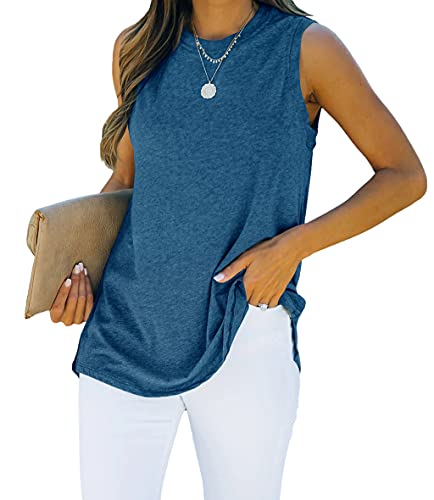Dressmine Sleeveless Crew Neck Tank Tops for Women Summer Casual Side Split Plain T Shirts Blouse Blue Medium