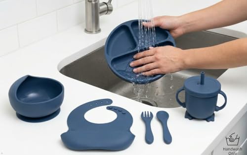 Image of SJC Global Silicone Baby Feeding Set Blue - 6 PCS Plate, Bowl, Spoon, Fork, Bib & Cup | Food‑Grade Silicone Tableware for Babies & Toddlers