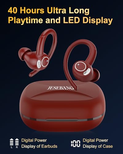 Image of Wireless Earbuds, Bluetooth 5.4 Headphones Sport, Over Ear Buds With ENC Noise Cancelling Mic,48H,Wireless Earphone With Earhooks, Stereo Deep Bass,IP7 Waterproof ear bud for Workout Running,Light Red