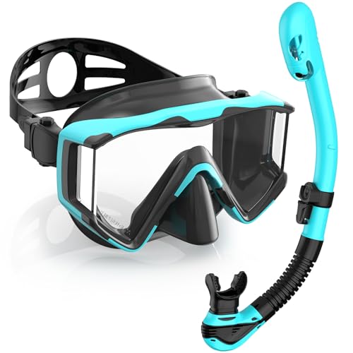 Greatever Snorkel Set Pano 3 Window Snorkel Mask Adult, Panoramic Wide View, Anti-Fog Scuba Diving Mask, Anti-Leak Snorkel Goggles Dry Top Snorkel, Professional Snorkeling Gear for Adults