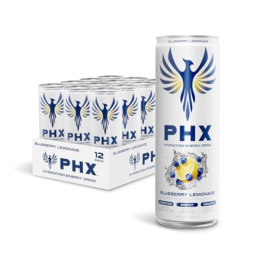 Image of PHX Hydration Energy Drink - 700mg Electrolytes, 200mg Natural Green Tea Caffeine, 100% Daily Value 8 Essential Vitamins - 12 oz Cans (12 Pack) (12 Pack, Blueberry Lemonade)