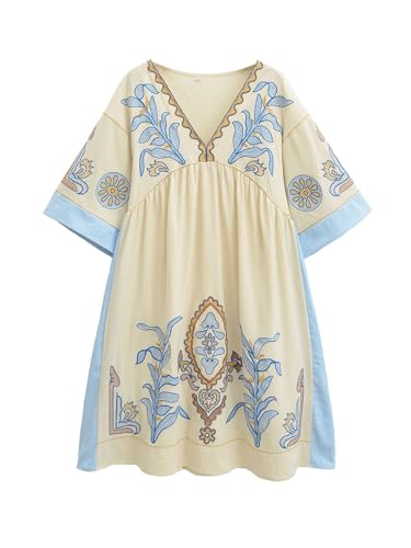 Image of Joiemont Womens Oversized Floral Embroidered Long Dress with V-Neck and 3 /4 Sleeves Vintage Embroidery Babydoll Dress