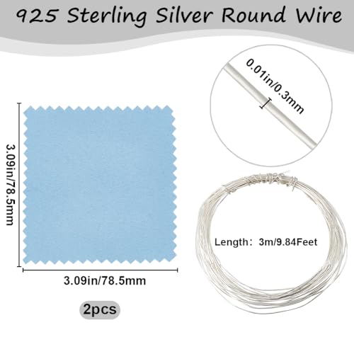 Beebeecraft 29 Gauge/0.3mm 925 Sterling Silver Wire 3M Dead Soft Round Craft Jewelry Wire with 2Pcs Suede Polishing Cloth for Wire Wrap DIY Jewellery Bracelets Earrings Making - Image 2