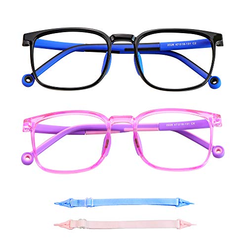 LAMBBAA Lot de 2 paires de lunettes pour enfants avec protection contre la lumière bleue, lunettes d'ordinateur avec corde, antiflou et fatigue oculaire, coupe UV400, antiéblouissement pour enfants
