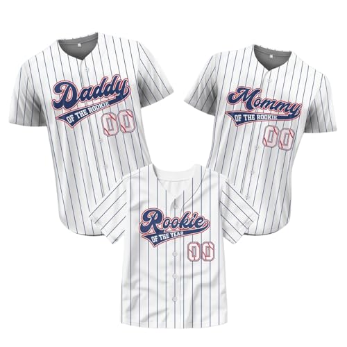 Personalized Mommy Daddy of The Rookie Baseball Jersey - Custom Rookie of The Year Jersey First Birthday Baseball Uniform Family Matching Outfits White