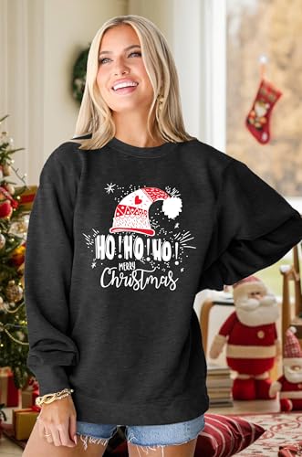LHBNK Christmas Sweatshirts Women HoHoHo Christmas Sweatshirt Funny Santa Graphic Xmas Oversized Pullover Tops Grey — view 3