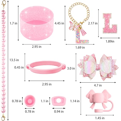 Hpebl 9PCS Pink for Stanley Cup Accessories Set Bling Initials Bow Charms for Stanley Decorations 30/40 Oz Tumbler Accessories Including Bow Straw Topper, Handle Strap, Spill Stopper（Letter L） - image 3