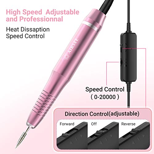 AIRSEE Electric Nail Drill, USB Manicure Pen Sander Polisher, Professional Compact Electrical Nail Files Electric Kit, Efile Nail Drills For Acrylic Nails, Manicure Pedicure Shape Nail Supply, Pink