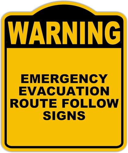 EMERGENCY EVACUATION ROUTE FOLLOW SIGNS Warning Yellow Black Aluminum Composite Sign 8.5 x 10 inches