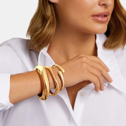Chunky Bangle Bracelet for Women Gold Cuff Bangles Waterdrop Twisted Open Hinged Design Bracelets Women's Gold Chunky Bracelet Set2