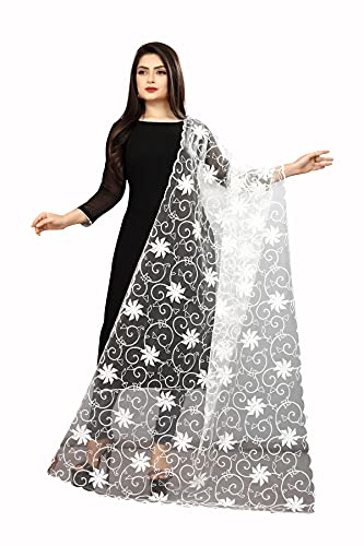 AKSHAR LLC DESIGNER Women's Naylon Net Fancy Embroidered Dupatta For Women & Girls. (White-2)