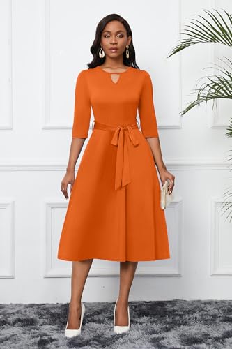 Image of CLOCOR Midi Dresses for Women Casual A-Line Fit and Flare Dress Crewneck 3 /4 Sleeve Keyhole Cocktail Party Church Dress