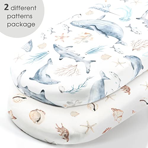 GRSSDER Stretchy Ultra Soft Fitted Bassinet Sheets Set 2 Pack, Cradle Sheet Universal Fit for Rectangle, Oval, or Hourglass Bassinet Pad/Mattress Safe and Snug, Stylish Cute Whale Sea Worl for Baby