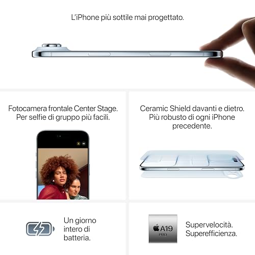 iPhone Air 256 GB: l’iPhone più sottile di sempre, display 6,5" con ProMotion fino a 120Hz, potente chip A19 Pro, fotocamera frontale Center Stage, eSim; Nero siderale - Smartphone - Immagine 3