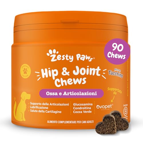 Zesty Paws Hip & Joint | articolazioni Cane | glucosamina per Cani | Integratori per Cani | Alimento Complementare per Cani Adulti | Gusto Tacchino | 90 Pezzi
