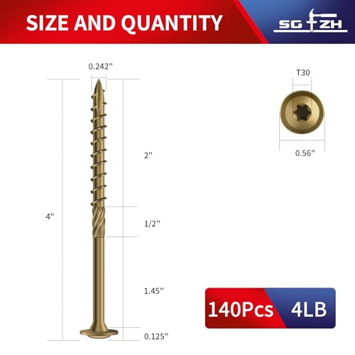 Image of #14 x 4 Inch Lag Screws (140Pcs) 4lb. Structural Wood Screw, Bronze, Carbon Steel, Washer Head, Rust Resistant epoxy Coated, T30 Star Bit
