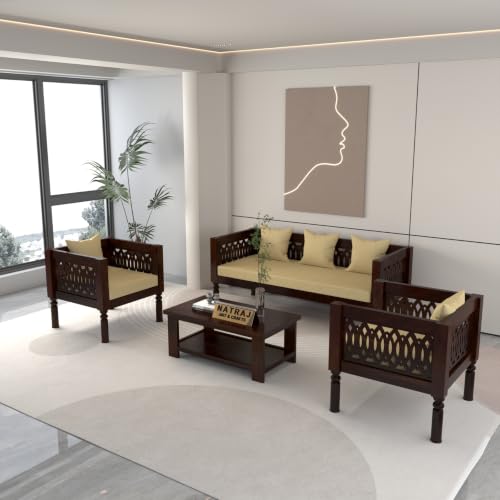 Image of NATRAJ ART & CRAFT Sheesham Wood 5 Seater Sofa Set for Living Room | Wooden CNC Sofa Set for Living Room Furniture (3+1+1 Seater, Walnut Finish)