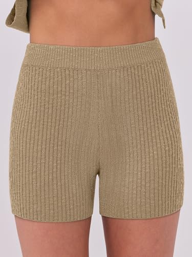 ANRABESS Women Summer 2 Piece Outfits Knit Short Sets Casual Sweater Top & Shorts Matching Lounge Set 2025 Beach Clothes Light khaki Small - Image 7
