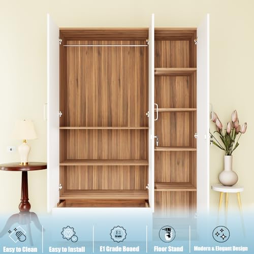 Image of VIKI Wardrobe |Wooden Almirah for 3 Door Wardrobe with 1 Drawer & Hanging Space with Mirror (Walnut |White - 40D x 120W x 180.8H) | 1 Year Warranty | Free Assembly