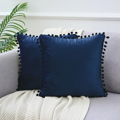 Image of Uxcell Pack of 2 Velvet Throw Pillow Covers with Pompoms Decorative Pillow Cases Fringe Cushion Covers Velvet Square Sham for Farmhouse Bedroom Living Room Dark Blue 45 x 45 cm