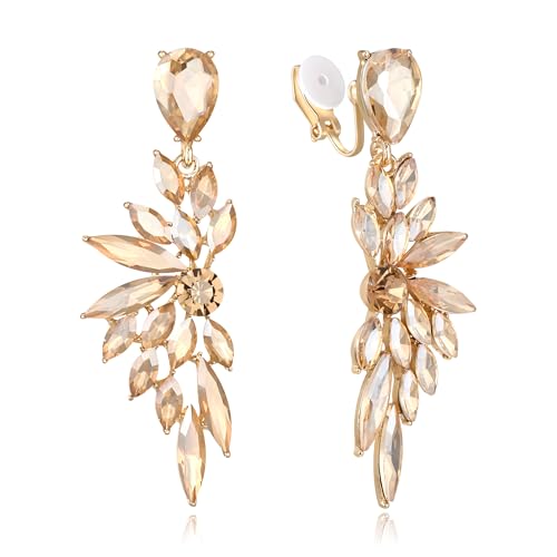 BriLove Clip-on Earrings for Women,Gorgeous Shiny Rhinestones Marquise Cluster Leaf Drop Earring for Wedding Party Prom Jewelry Accessories - Main Image