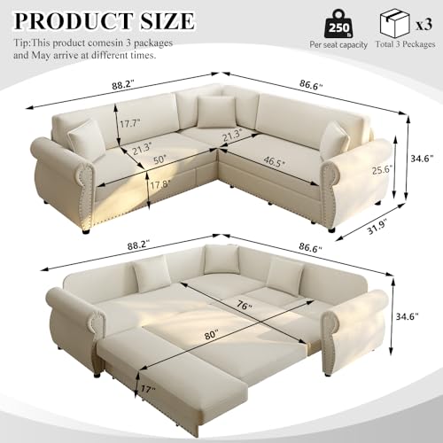 Image of KCGKCG 88.2 inch Sleeper Sofa Bed, Sectional Couches for Living Room /Apartment, Chenille L Shaped Couch with Pull Out Couch Bed, Convertible Sectional Sofa with Rolled Arm & Nailhead Trim, Beige
