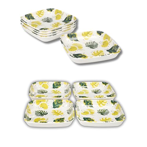 Image of SNKM - Melamine Quarter Snacks Plates | Leaf Printed Design | Set of 8 | Square | Unbreakable | Lightweight | for Snacks, Breakfast, Mughlai Lunch or Dinning | Yellow | Rectangular, Set of 8