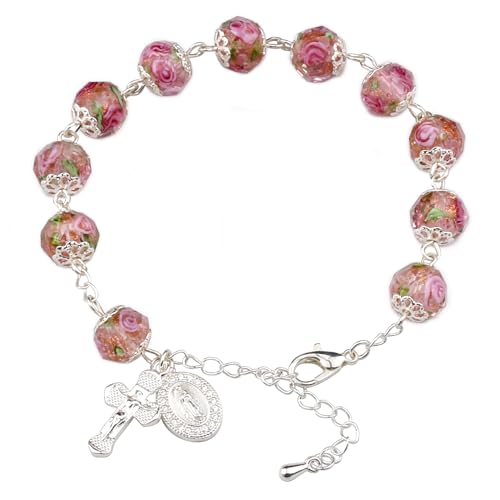 HELLOWIN Murano Rose Beads Guadalupe Medal Crucifix Charm Catholic Rosary Bracelet for Women with Gift Box (Pink 8mm*10mm)