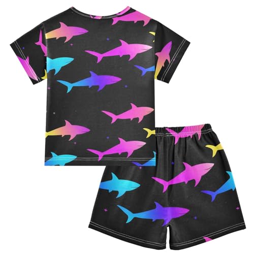 ALAZA Rainbow Shark Black Pajamas Set Short Sleeve Cotton Sleepwear Summer Pjs 2 Piece 5-14Y2