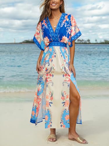 Image of CUPSHE Womens Tropical Floral Maxi Dress V Neck Short Sleeve Smocked Side Slit Dress Summer Vacation Beach Pocket Long Dress