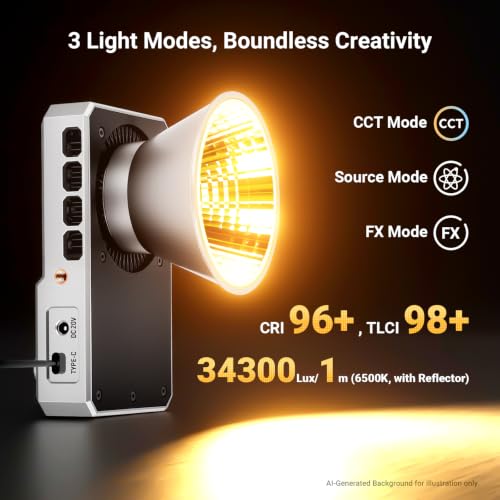 Image of NEEWER FS60B 60W 2700K-6500K Bi Color LED Video Light with App Control | COB Continuous Output Lighting with 34300lux /1m, CRI96+, 12 Scenes for Studio Photography & Outdoor Video Recording