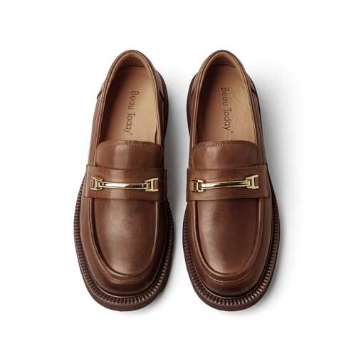 Image of BEAU TODAY Leather Loafers Women, Slip On Penny Loafers for Women Casual Shoes, Chunky Platform Comfortable Business Office Ladies Dress Shoes with Metal Buckle Brown US 8.5