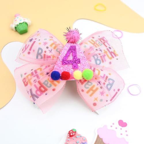 Winmany 2-Pack Birthday Hair Bows for Baby Girls, Strawberry Pink & Blue Headbands and Hair Clips with Sparkly Numbers for Ages 1-6, Cake Smash Photo Props & Party Accessories (Pink 4, 4 Years)3