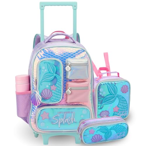 Kit Mochila Rodinha Feminina Mala Bolsa Escolar Lancheira Térmica Estojo Duplo Sereia Menina