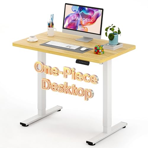 Image of SANODESK Electric Standing Desk 40 x 24 Inches Whole-Piece Desktop Height Adjustable Stand Up Desk w /6-Button Controller Ergonomic Computer Desk for Home Office, White Frame + Natural Tabletop