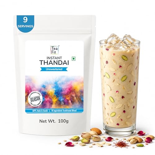 TeaFit Zero Sugar High Protein Thandai Powder 100g | Traditional 16 Ingredient Nuts, Seeds & Spice Blend | Ingredient Dense Summer Cooler | Add to Milk | No Artificial Flavors & Chemicals
