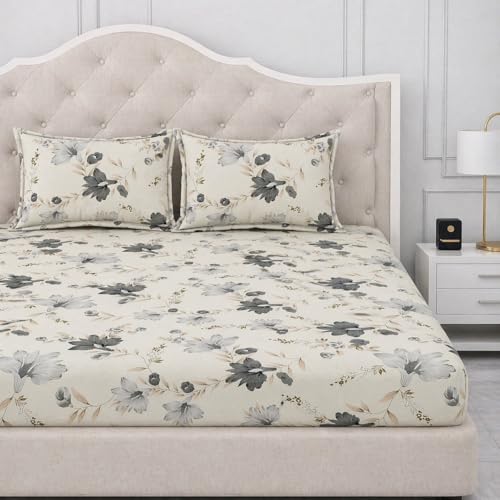 Image of 300 TC Cotton Feel Glace Cotton Elastic Fitted Bedsheet for King Size Double Bed | Fits up to 8 Inch Mattress | Printed Bedsheet with 2 Pillow Covers (Whiteboss, King Size - 72 inchx78 inch)