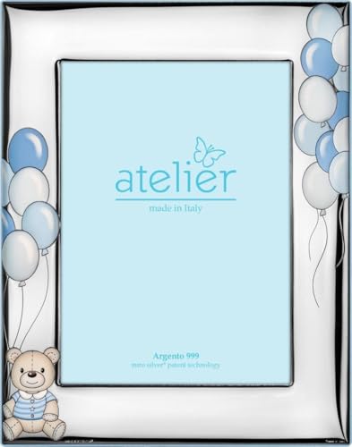 Generico Atelier - Marco de fotos de plata 999, decoración de osito y globos azules, 13 x 18 cm