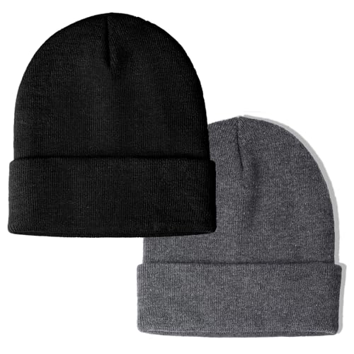 SWIMLANCE 2 Packs Unisex Knit Beanie Hat for Men Women UK Classic Warm Winter Beanie Skull Cap Set Black and Grey