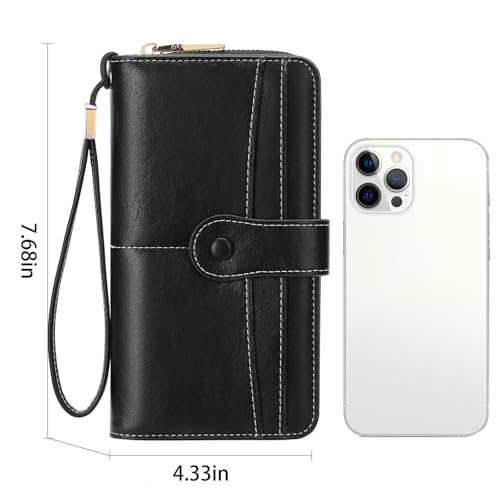 Image of Wristlet Women's Wallet Phone Purse RFID Blocking Large Capacity Card Holder Leather Black