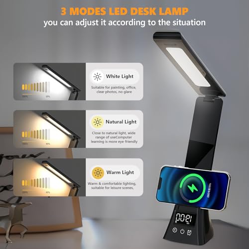 AMFUN Desk Lamp, Eye-Caring LED Table Lamp, 3 Color Modes,USB Charging,Dimmable Bedside Lamps with Clock,Touch Control - Image 4