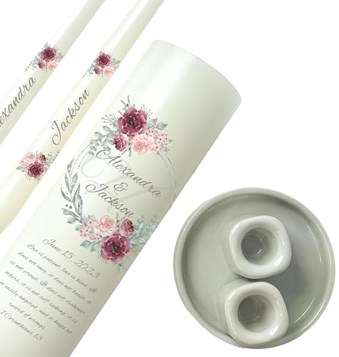 Personalized Unity Candles Wedding Set Gift Box, Includes One Pillar Candle, Two Taper Candles, and a Set of 3 White Ceramic Candleholders (Rose)