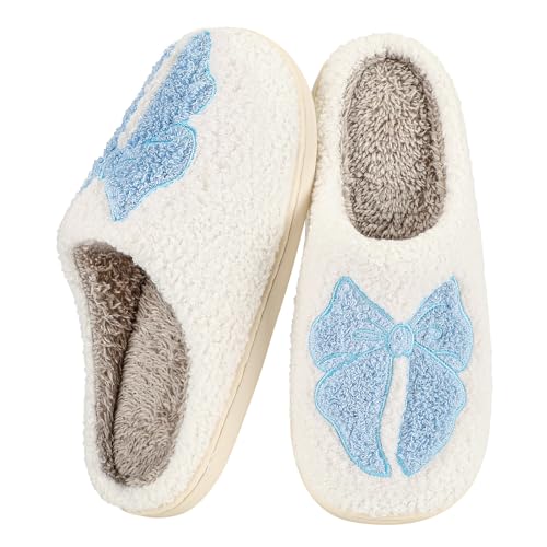 Women's House Slippers Cute Bow Indoor Men's Memory Foam Fur Shoes