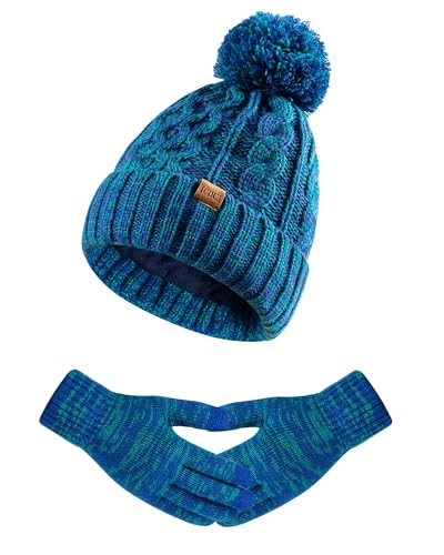 Women Winter Knit Warm Hat Beanie Gloves Set Pom Fleece Lined Hat with Touchscreen Gloves