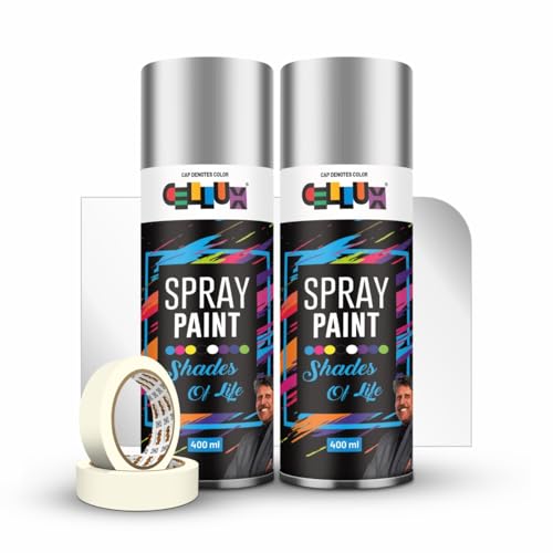 Image of Cellux 2X Ultra Cover Bright Chrome Spray Paint | DIY Quick Drying with Premium Gloss Finish for Metal Wood Wall & Other Surfaces - 400 ML - Pack of 2 with 2 Masking Tape Rolls