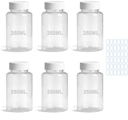 6 botellas de boca ancha, 250 ml, botellas pequeñas para rellenar con 36 etiquetas, botellas de plástico para rellenar, botellas de plástico pequeñas con tapa de rosca, para muestras, cocina