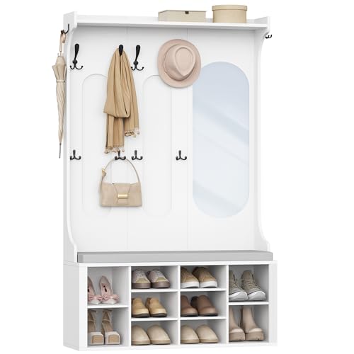 Hzuaneri Porte-manteau avec Banc à Chaussures, Meuble d'entrée avec Miroir, 10 Crochets, Étagères Réglables, Autoportant, pour Couloir, Séjour, Chambre,...