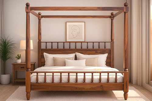 Image of Solid Sheesham Wood Poster Bed Without Storage Wooden Double Bed for Bedroom Living Room Home (Honey, King Size (72 x 78 Inches))