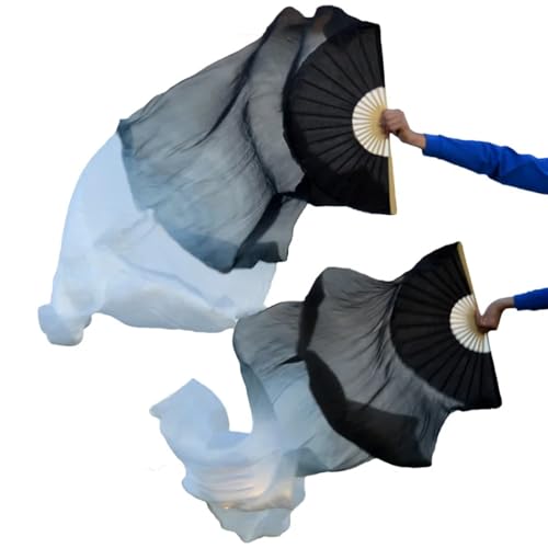 HYQOUKLR Belly Dance Fan Veil Long Folding Fans， Real Silk Veils 1 Pair Handmade Women Quality Dance Black + WhiteSilk Fan(S)