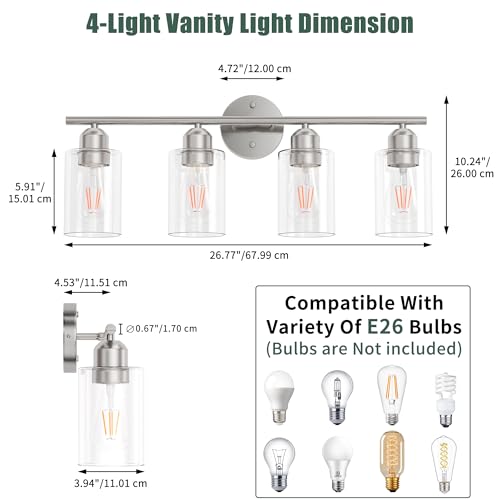 Image of Bathroom Vanity Light Fixtures Brushed Nickel,4 Lights Rustic Farmhouse Vanity Bar Lighting Over Mirror Modern Industrial Wall Sconces Lamp with Cylinder Glass Shade